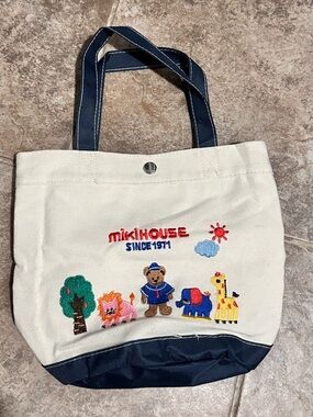 Kids Canvas Tote Bag in Cream with Navy Trim